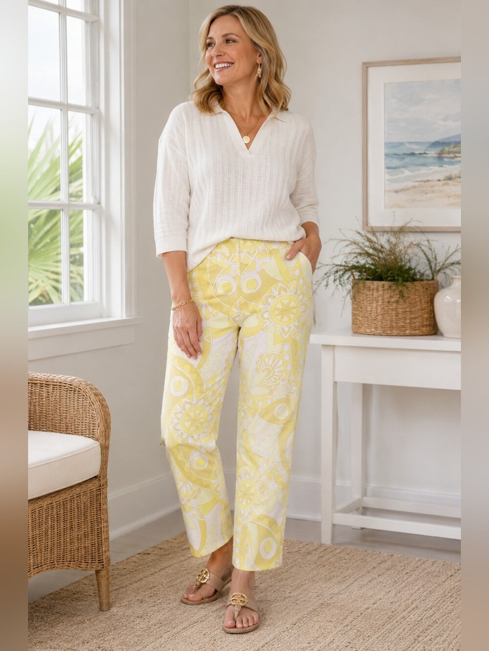 Talbots Size 14 Cotton Spandex Yellow White Geometric Stretch Ankle Pants